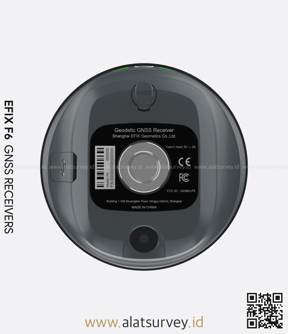 EFIX F6 GNSS RTK Receiver Detail Bagian Bawah Bagian bawah EFIX F6 GNSS RTK Receiver dengan port dan dudukan antena